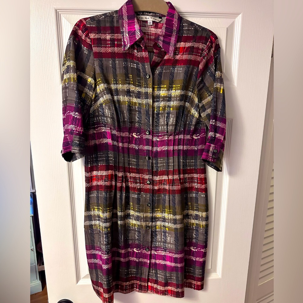 Trina Turk Colorful Plaid Shirtdress. Size 2